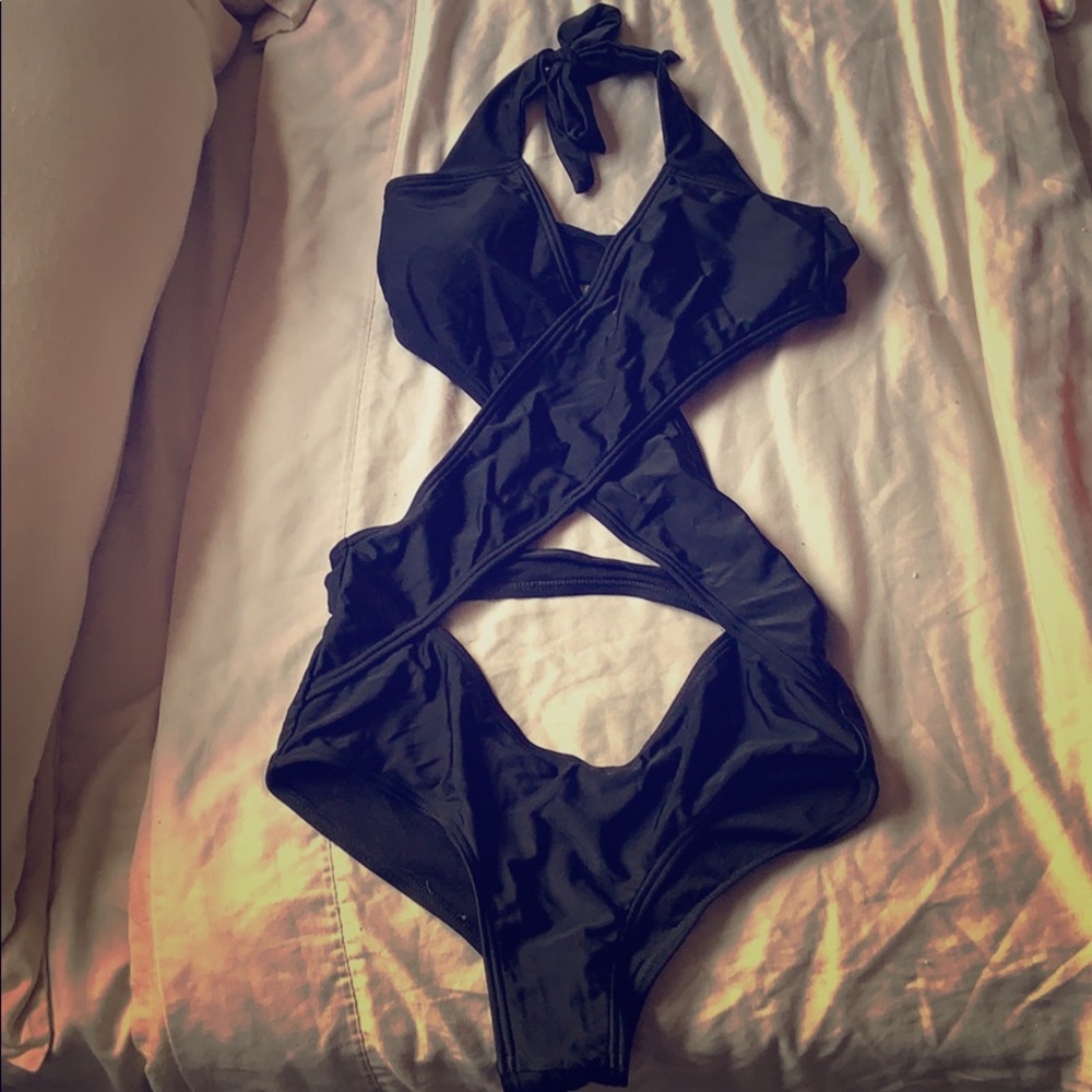 Crisscross Black Bathing Suite One Piece